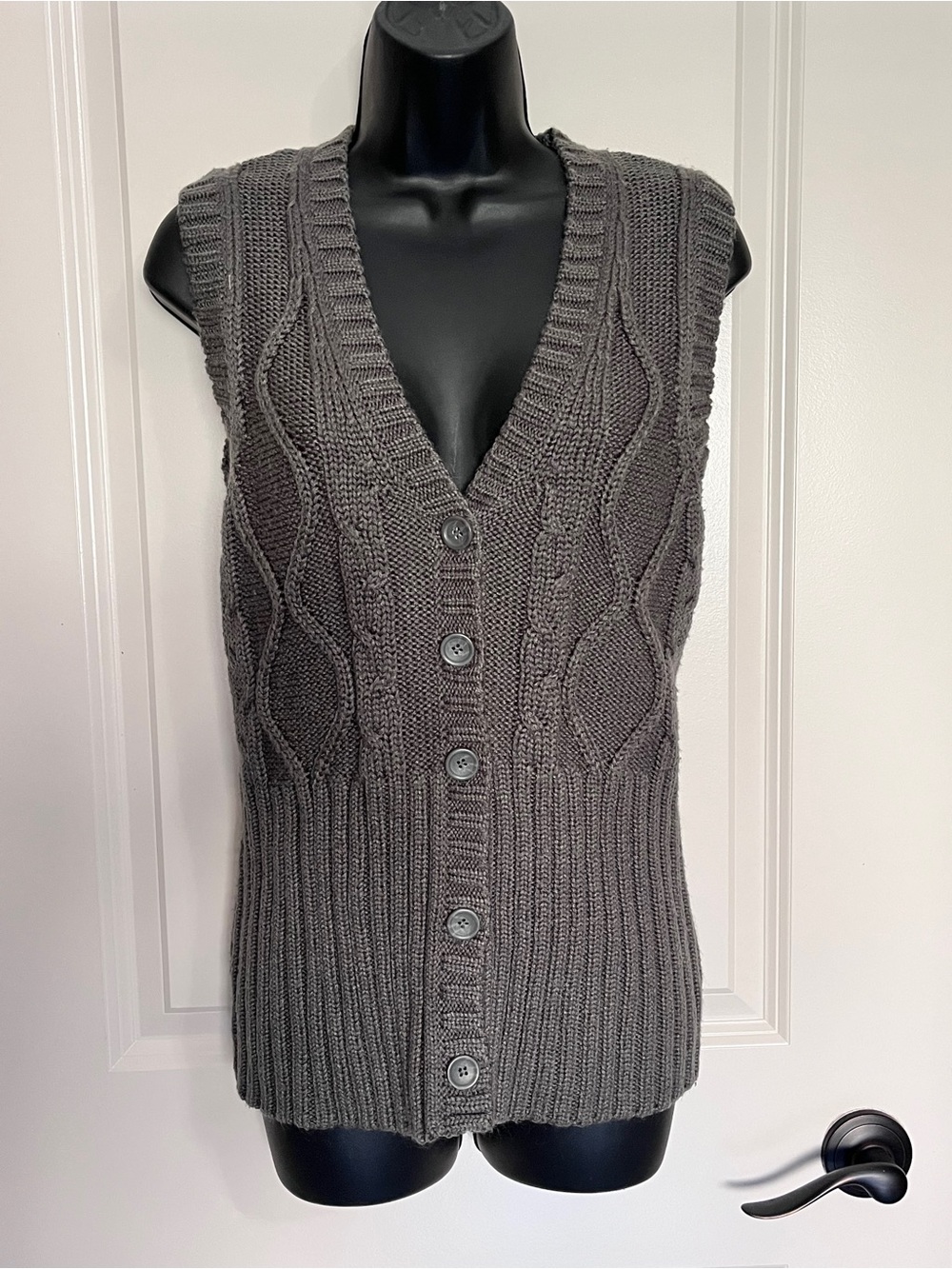 Jessica Gray Cable Knit V-Neck Button Front Sweater Vest